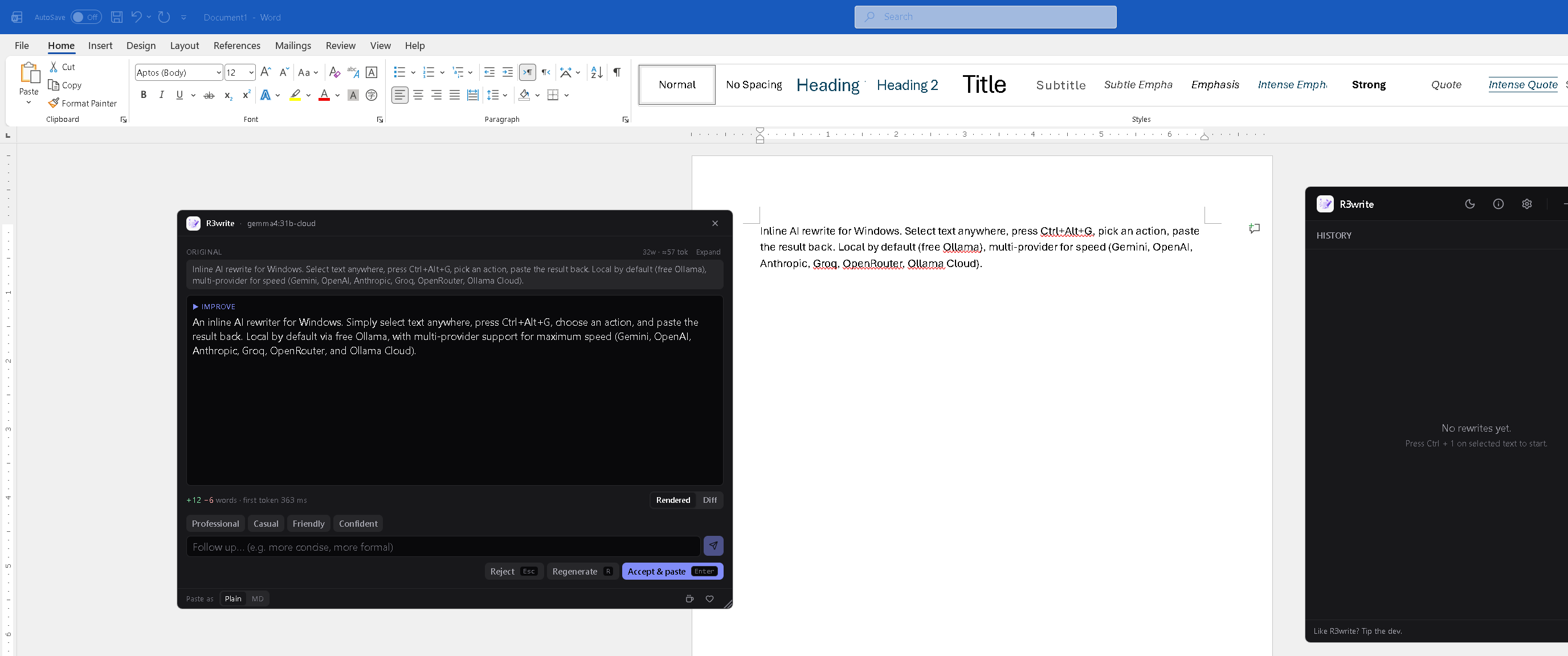 R3write popup mid-rewrite over a Word document, with the streamed Improve rewrite, +12 -6 words / first-token latency stats, follow-up tone chips, and accept / regenerate / reject pills