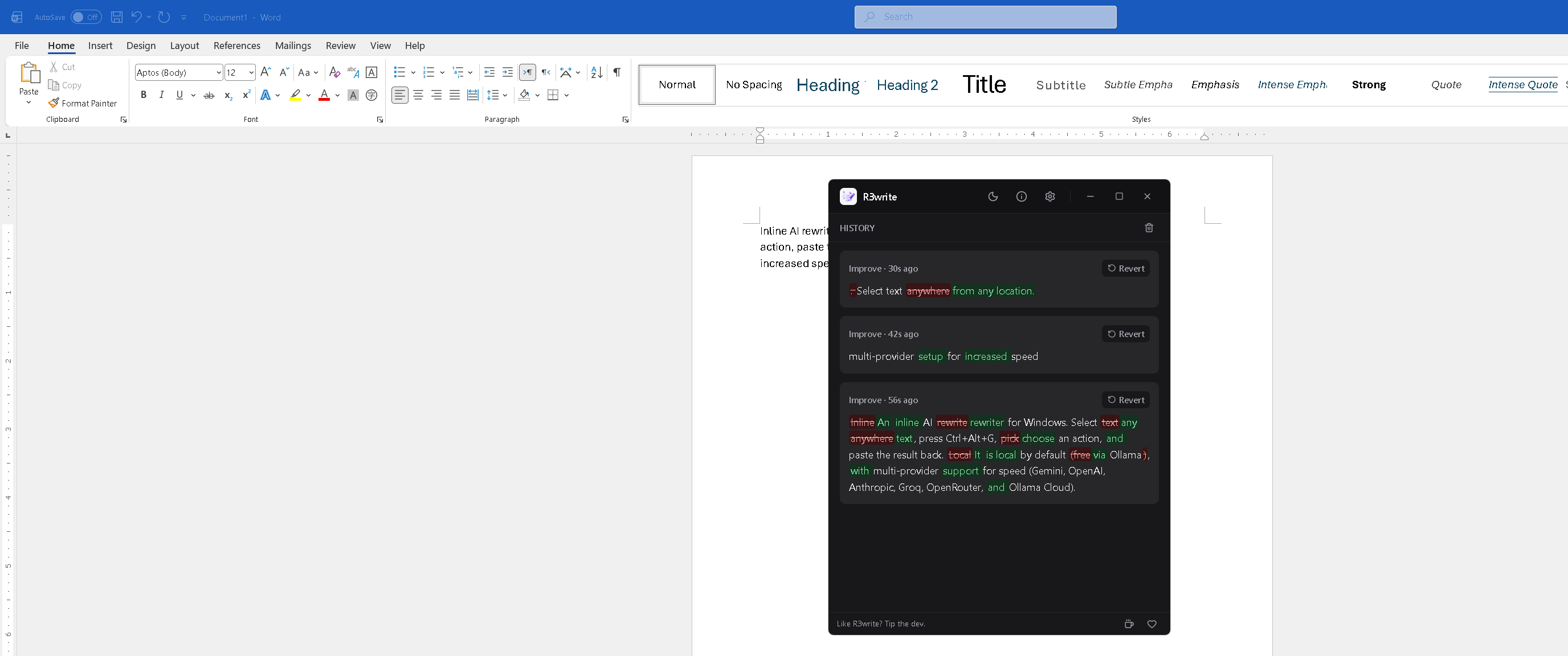 The main window history list with three Improve rewrites and rich diff highlighting