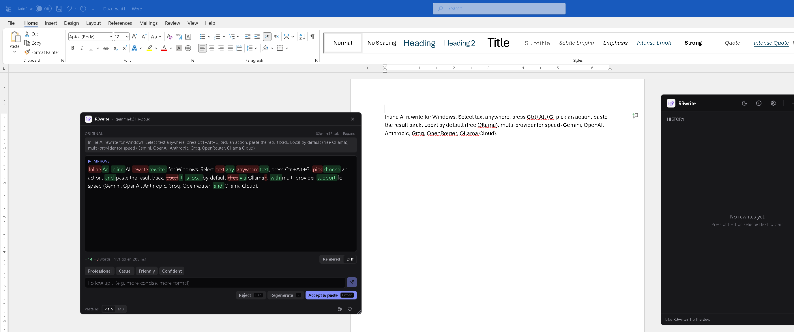 The popup in Diff view showing green word additions and red strike-through deletions