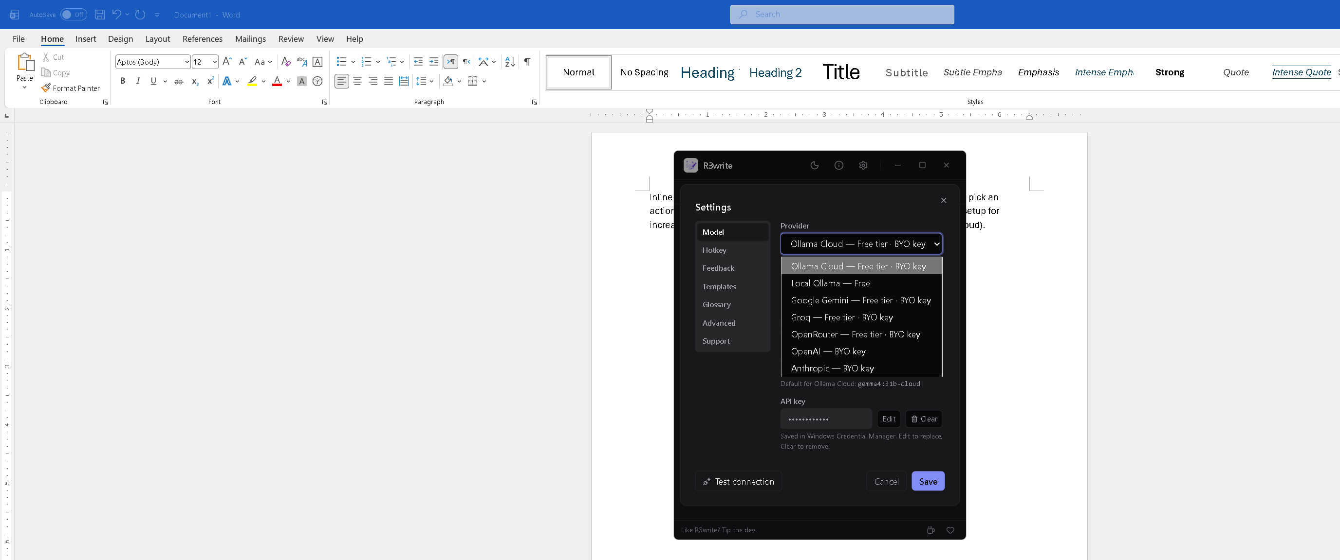 Settings dialog with the Provider dropdown open showing all seven providers and their tier tags