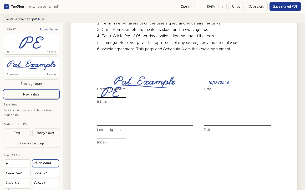 YepSign with a signature, initials and a date placed on a rental agreement