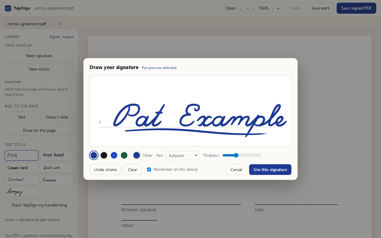 The YepSign drawing pad with a signature in progress