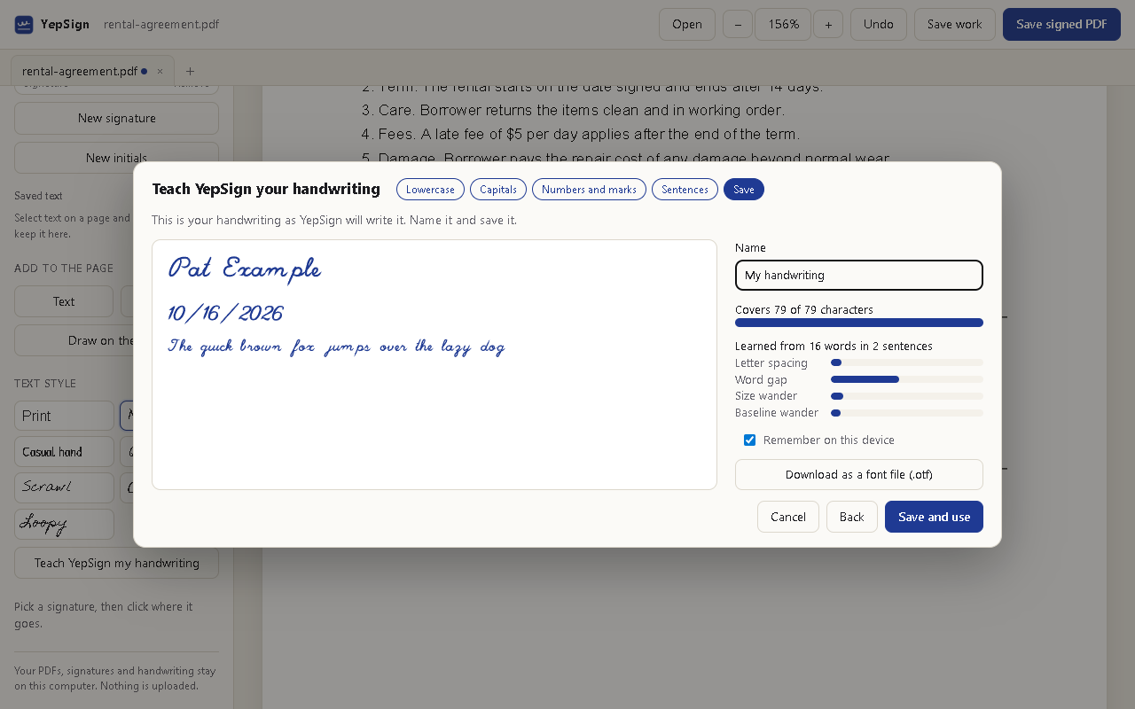 Teaching YepSign your handwriting, with a preview of text written in it