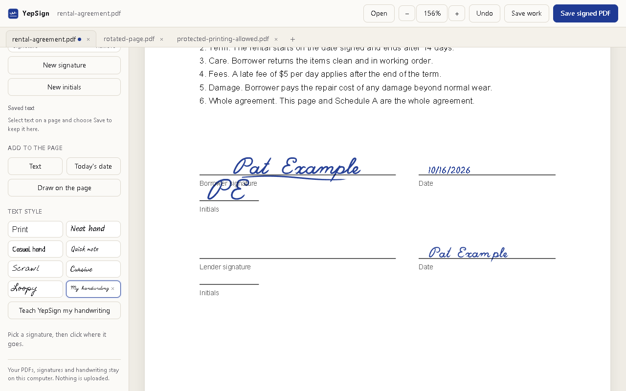 Three PDFs open as tabs, with the library of signatures and text styles